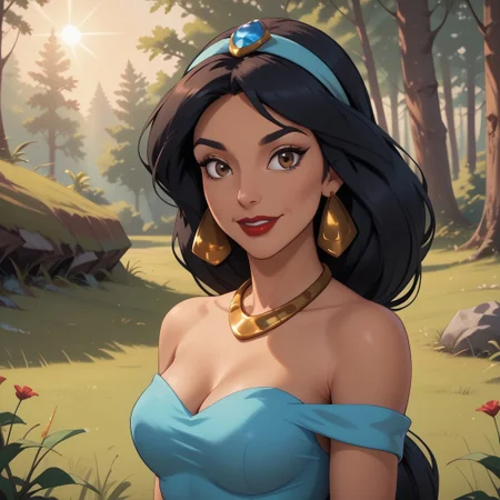 score_9, score_8, BREAK, solo, princess jasmine, 1girl, solo, arabian woman, brown skin, black hair, red lips, brown eyes, ponytail hair, turquoise headband with sapphire, golden earrings, golden necklace, sky blue bedlah top, sky blue matching salwar pants, sexy pose, self portrait, smile, outdoors, sunlight, shadows, evening lighting, natural lighting, forest, trees, grass, orange sky, sunset