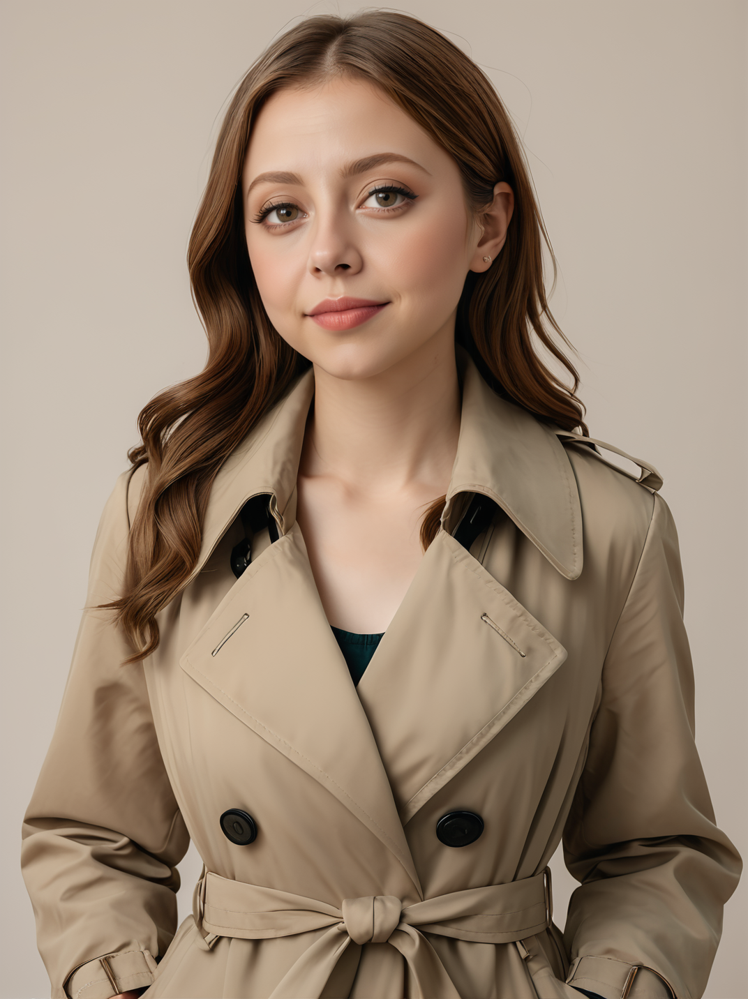 30yo felicitysynthxl, upper body, standing, neutral background, neutral expression, large breasts, modest,
wearing a trench coat,