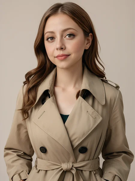 30yo felicitysynthxl, upper body, standing, neutral background, neutral expression, large breasts, modest,
wearing a trench coat,