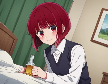score_9, score_8_up, score_7_up, source_anime,
kanaarima, <lora:kana-arima-s1-ponyxl-lora-nochekaiser:1>,
kana arima, short hair, bangs, red eyes, red hair, bob cut, smile,
long sleeves, school uniform, white shirt, collared shirt, vest, black vest,
indoors, bed, bed room, on side, blush, drunk,
looking at viewer, cowboy shot, dutch angle, solo,