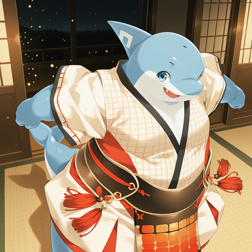 ultra-HD, intricate textures, luminous lighting, cinematic ambiance, shimmering gradients, ethereal glow, deep contrast, soft volumetric fog, subtle particles, radiant reflections, rich color tones,
masterpiece, detailed_background, <lora:noto-v2-10:1> t-noto, dolphin boy, no humans, 1boy, chubby
, night, darkness, shadow, cowboy shot,
, indoors, japanese clothes, japanese belt, white-red clothes, 
, dynamic angle, dynamic pose, from above,