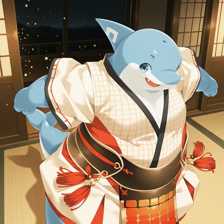 ultra-HD, intricate textures, luminous lighting, cinematic ambiance, shimmering gradients, ethereal glow, deep contrast, soft volumetric fog, subtle particles, radiant reflections, rich color tones,
masterpiece, detailed_background, <lora:noto-v2-10:1> t-noto, dolphin boy, no humans, 1boy, chubby
, night, darkness, shadow, cowboy shot,
, indoors, japanese clothes, japanese belt, white-red clothes,
, dynamic angle, dynamic pose, from above,