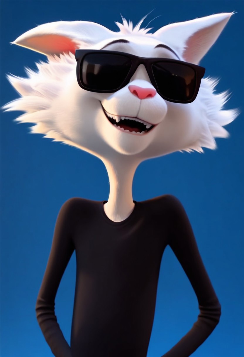 score_9, score_8_up, score_7_up, Expressiveh, masterpiece, best quality, highly detailed, realistic, (zPDXL3), 1boy, solo, (AngusSG, furry, anthro, feline, cat, pink inner ear, pink nose, black nose, sunglasses, white body, white fur, skinny, sunglasses covering eyes, clothed, black shirt, tail), three-quarters portrait, smile, ((blue background, simple background, black pants)), smile, open mouth, teeth, hands in pockets