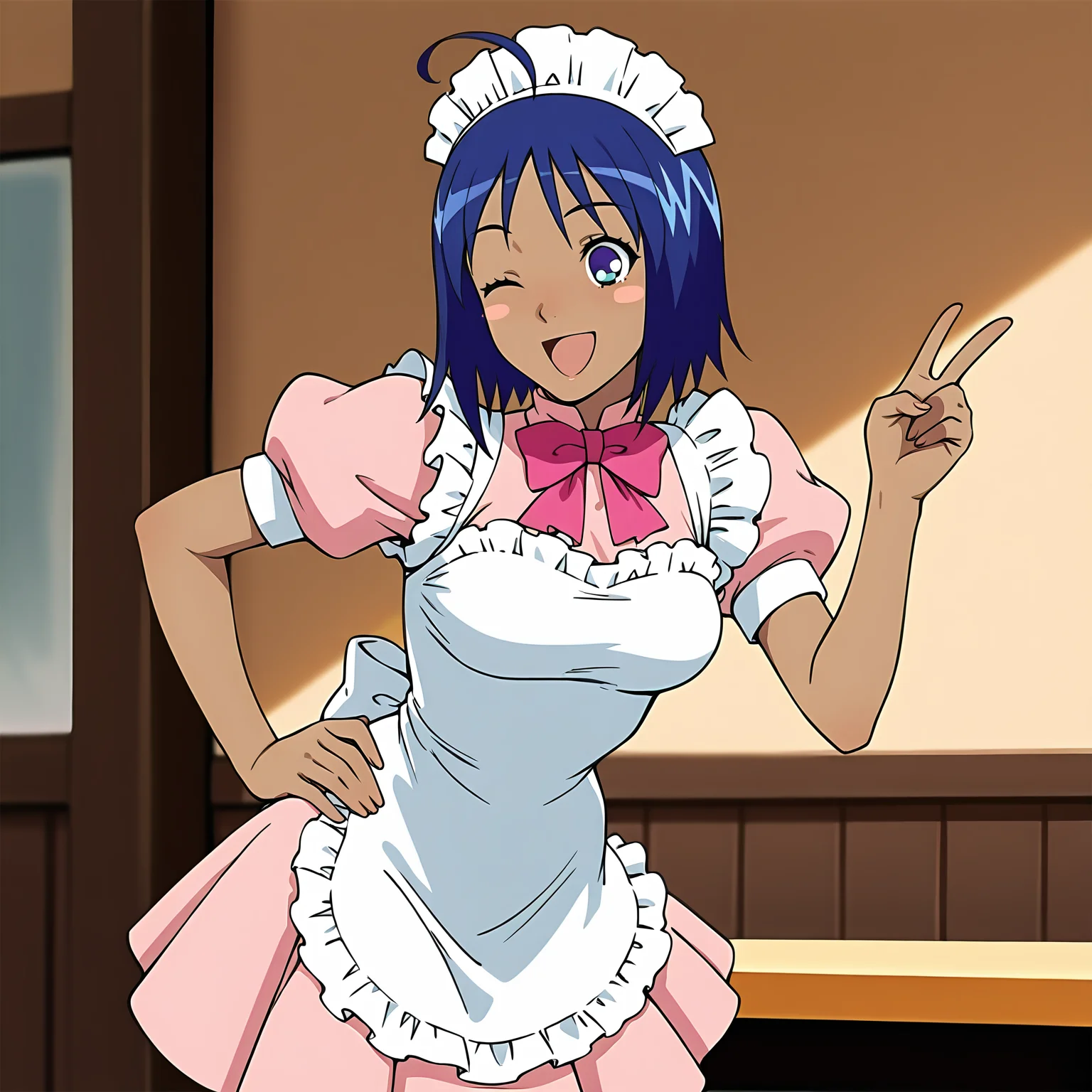 absurdres, 8k, high resolution, masterpiece, best quality, absolutely fantastic art, amazing quality, very aesthetic,1girl, solo, <lora:weda:.8>, weda, one eye closed, dark-skinned female, dark skin, blue eyes, ahoge, maid, apron, blue hair, short hair, waitress, maid headdress, blush stickers, open mouth, smile, hand on hip, pink dress, v