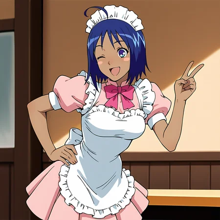absurdres, 8k, high resolution, masterpiece, best quality, absolutely fantastic art, amazing quality, very aesthetic,1girl, solo, <lora:weda:.8>, weda, one eye closed, dark-skinned female, dark skin, blue eyes, ahoge, maid, apron, blue hair, short hair, waitress, maid headdress, blush stickers, open mouth, smile, hand on hip, pink dress, v