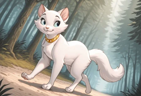 masterpiece, best quality, amazing quality, furry114514, DuchessXL, no humans, cat, jewelry, blue eyes, collar, animal focus, white fur, feral, spring season, forest background, solo, 1girl, side view, dutch angle, walking towards viewer,