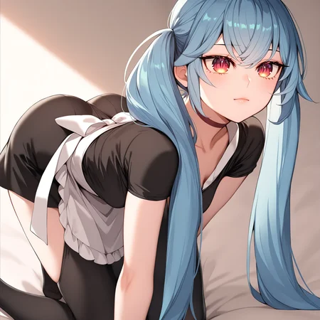 masterpiece,best quality,newest,absurdres,highres,<lora:noobai_ep11_stabilizer_v0.138_fp16:1>,<lora:Lily_2:1>,lily,long hair,blue hair,twintails,maid,kneeling,