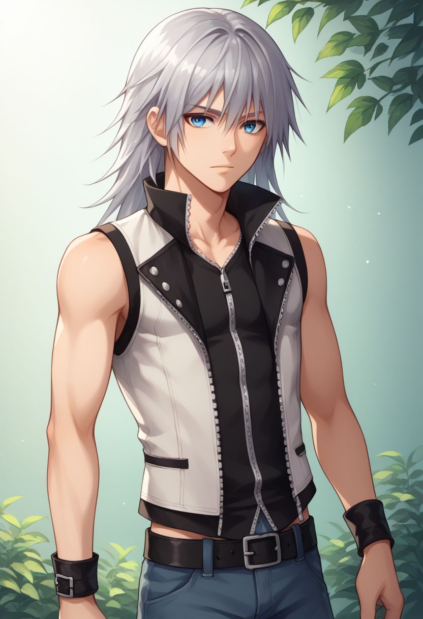 score_9, score_8_up, source_anime, highly detailed, 1boy, solo, male_focus slender, skinny, 
riku, 1boy. male focus, solo, blue eyes, belt, wristband, pants,zipper, silver hair, sleeveless,long hair, upper body,
outdoor,
