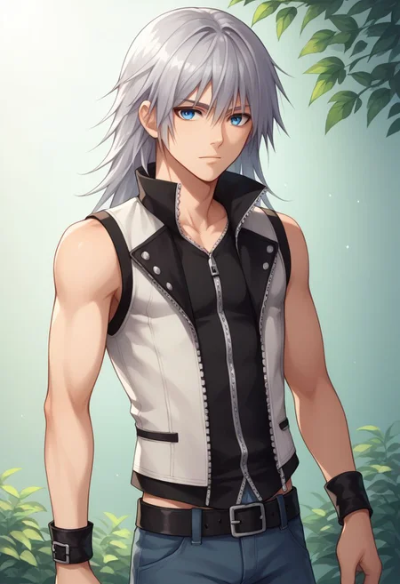 score_9, score_8_up, source_anime, highly detailed, 1boy, solo, male_focus slender, skinny,
riku, 1boy. male focus, solo, blue eyes, belt, wristband, pants,zipper, silver hair, sleeveless,long hair, upper body,
outdoor,