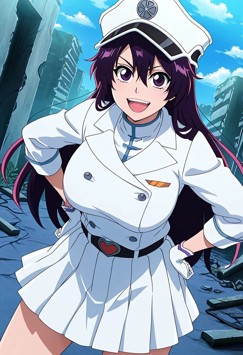 general,highres, ultra-detailed,very aesthetic,best quality ,best hands,best eyes,easynegative,
dynamic anglre, dutch angle, anime cloring,anime screencap,
1girl solo,looking at viewer,ruins, smile,open mouth, hands on hip,
Bambietta Basterbine,purple hair, long_hair, purple_eyes, huge_breasts,white shirt,skirt,hat,
