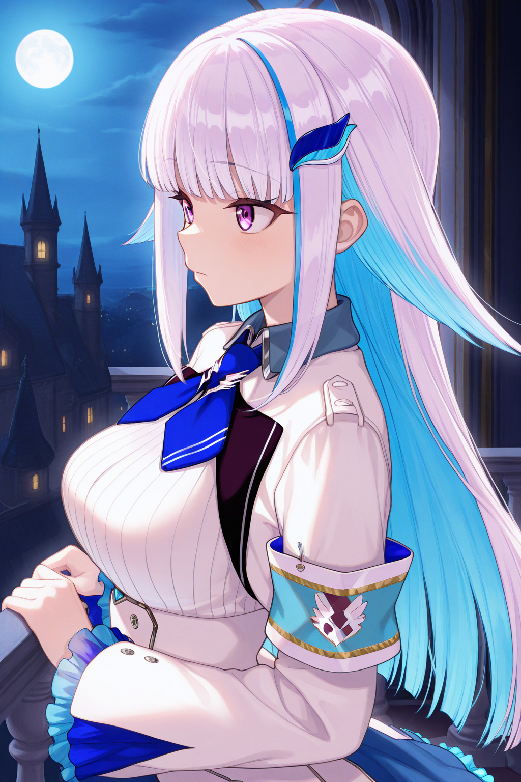 1girl, LizeHelestaNijisanji, 
general, solo, from side, upper body,
purple eyes, looking away,
long hair, white jacket,
frilled sleeves, armband, 
blue necktie,
collared shirt, large breasts,
frilled skirt, 
night, moonlight, balcony, in the castle,
<lora:kp_LizeHelestaNijisanji1stCostumeIllustrious_v1_0:1.0>,
masterpiece, best quality, amazing quality