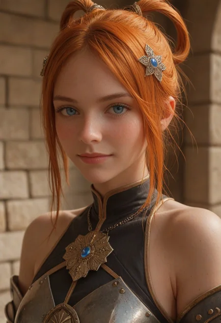 score_9, score_8_up, score_7_up, score_6_up,
1girl, 25 years old, perfect face, (adult), sexy, looking at viewer, close view,
blue eyes,
orange hair, hair between eyes, hair rings, sidelocks, golden hair ornament,
armor, black armor, bare shoulders, sleeveless, blush, shy smile,
portrait, face focus, detailed face,
medieval castle, stone walls,