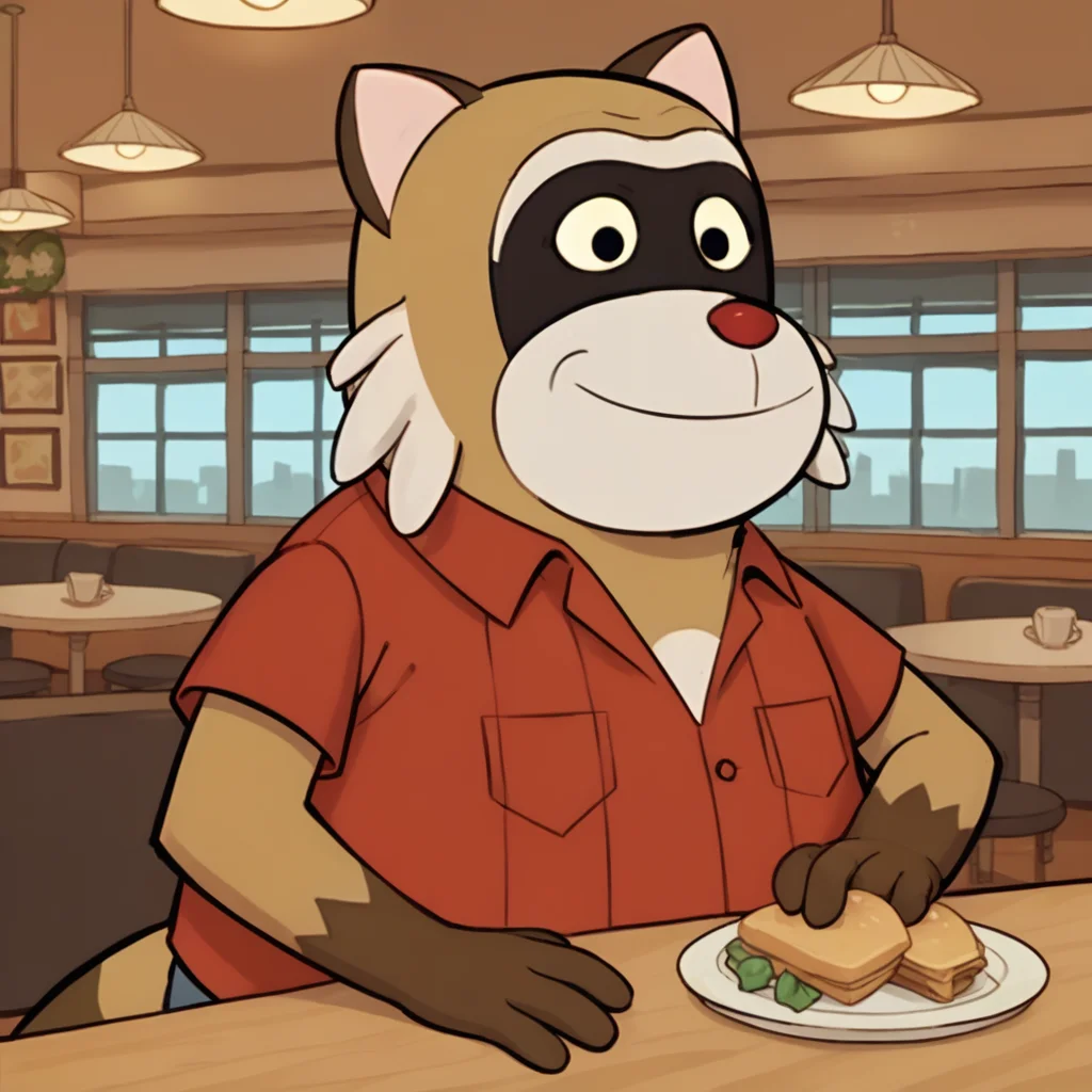 score_9, score_8_up, restaurant, <lora:rascal-v2-16:1> rdrascal, raccoon, 1boy, solo, red shirt, pose,