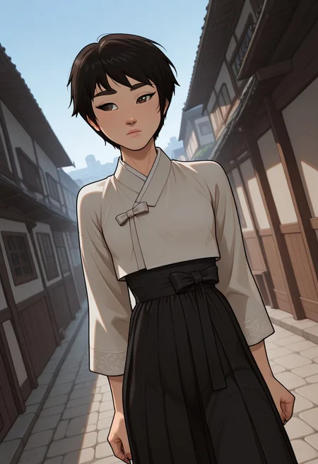 masterpiece,best quality,amazing quality,newest, absurdres, highres, detailed eyes, beautiful, perfect eyes, finely detailed face, very aesthetic, anime coloring, anime screencap, incoth, (incase:0.6), (depth of field)
1girl,
KimmyDKov, short hair, black hair, brown eyes, slim, small breasts,
hanbok clothes,
dynamic pose, dutch angle,
medieval setting, korean city,