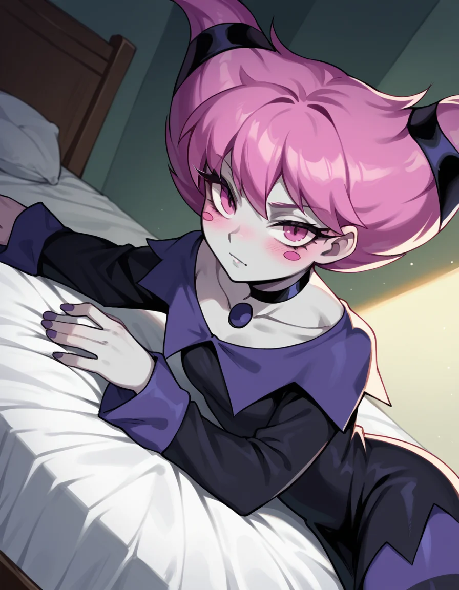 score_9, score_8_up, score_7_up, source_anime, <lora:jinx-dc-ponyxl-lora-nochekaiser_r1:1>, jinx, jinx (dc), colored skin, grey skin, hair horns, pink eyes, pink hair,, choker, long sleeves, pantyhose, striped clothes, striped pantyhose, black dress, wide sleeves, collarbone,, indoors, bed, bed room, on side, blush, drunk, looking at viewer, solo,, cowboy shot, dutch angle