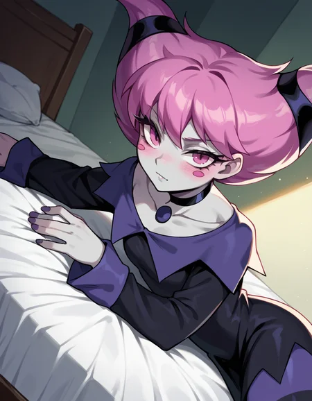 score_9, score_8_up, score_7_up, source_anime, <lora:jinx-dc-ponyxl-lora-nochekaiser_r1:1>, jinx, jinx (dc), colored skin, grey skin, hair horns, pink eyes, pink hair,, choker, long sleeves, pantyhose, striped clothes, striped pantyhose, black dress, wide sleeves, collarbone,, indoors, bed, bed room, on side, blush, drunk, looking at viewer, solo,, cowboy shot, dutch angle