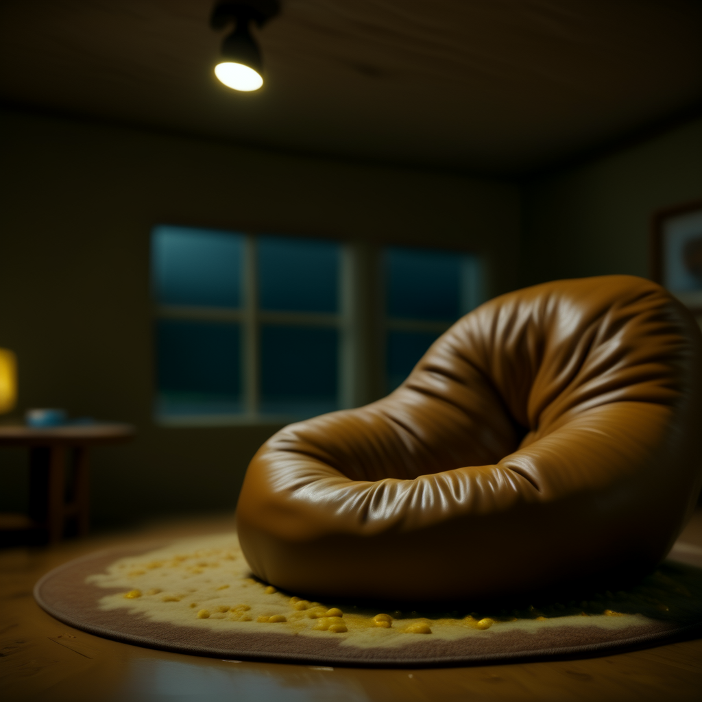<lora:Chocoslime_DX_V9_-_CyberRealistic_Pony_v7:1>, chocoslime, chocoslimebeanbag, chslbeanbag, bean bag chair in a living room, cozy, lamps, window, table, wooden carpet, 4K, UHD image, oustanding art, high quality, rich details, background blurred
