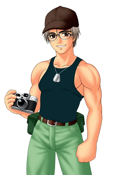 higurashiog, 1girl, solo, smile, short hair, brown hair, 1boy, hat, holding, brown eyes, grey hair, male focus, glasses, belt, muscular, transparent background, tank top, baseball cap, freckles, pouch, camera, dog tags, holding camera, fanny pack, tomitake jirou, 
(masterpiece, best quality, absurdres, highres), very awa, 