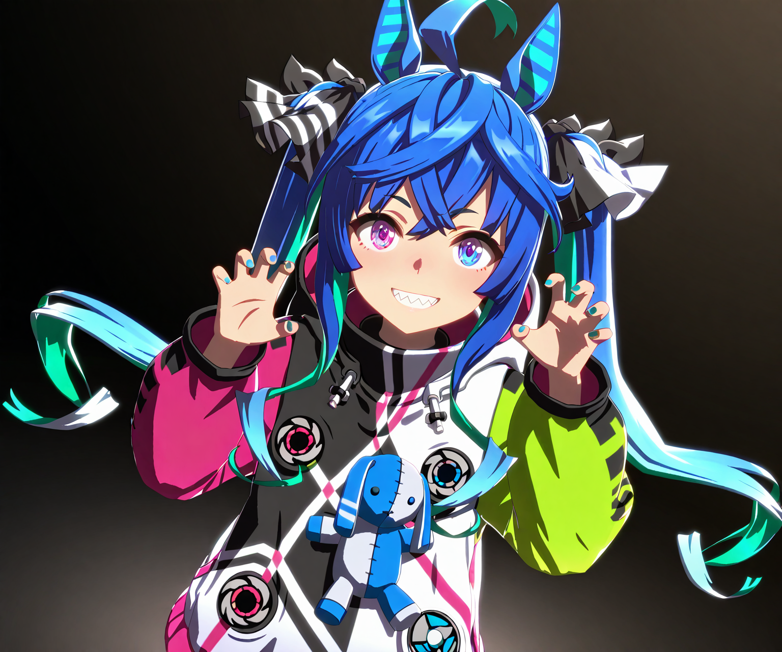 masterpiece, best quality, amazing quality, , 1girl,   solo, looking at viewer,    <lora:Twin Turbo in game style 3D ILL-v2:1> ummsmingame, 3d, twin turbo \(umamusume\), sharp teeth,