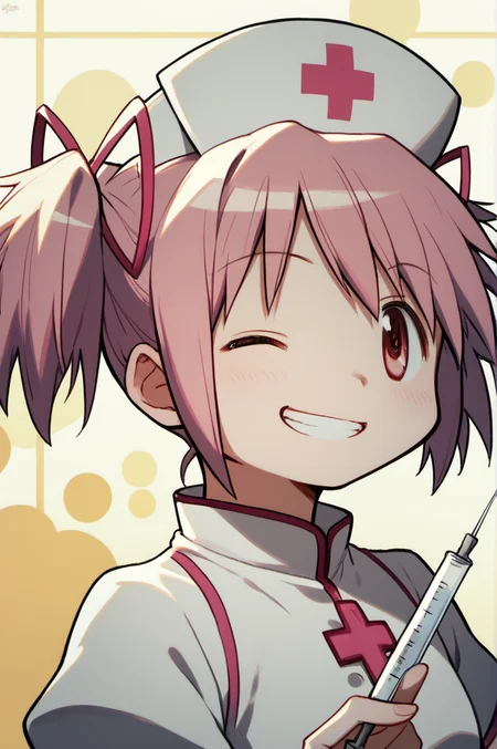 madoka \(Puella Magi Madoka Magica\),1girl,short twintails,nurse,take the needle,one eye closed,grin,abstract_background,upper_body,dynamic_angle,<lora:madoka_pony_v2:0.7>,, score_9,score_8_up,score_7_up,score_6_up,score_5_up,score_4_up,