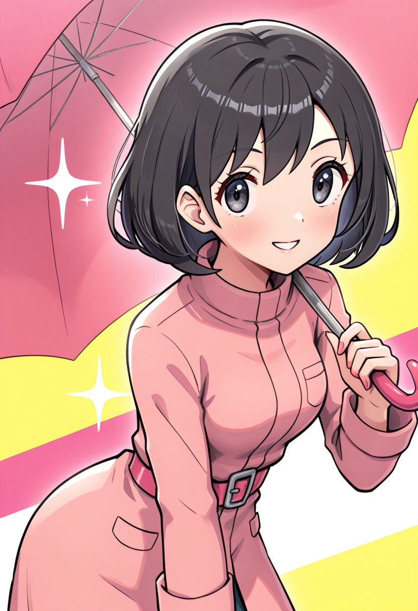 hinosaki, [[pokemoa, gonzarez]],2d, masterpiece, best quality, amazing quality, 1girl, solo, close-up, standing, smile, upper body, leaning_forward, looking at viewer, multicolored background, sparkle, rainbow background, colorful background, orasparasol, black hair, short hair, pink raincoat, long sleeves, pockets, pink belt