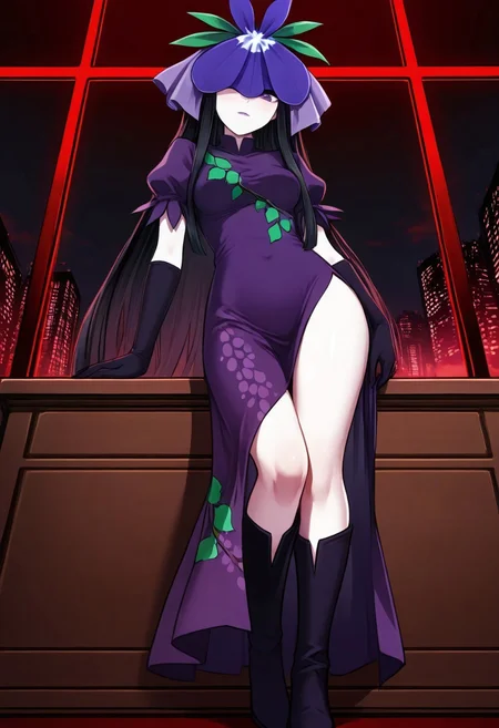 1girl, yomotsu hisami, hisami, touhou, looking at viewer, standing, from below, from side, full body, looking down, black hair, covered eye, purple eyes, (pupils:1.8), eye peek, purple lipstick, (very long hair:1.9), purple dress, puffy sleeves, grape, vine print, elbow gloves, black gloves, boots, knee boots, side slit, patterned dress, wide hips, shiny thighs, toned, toned female, toned thighs, tall female, shiny thigh, hidden, office, window, desk, skyscraper, dark sky, red lighting, black sky, red skyscraper windows, steam, detailed background, (nopetroto:0.9), (alphone mucha:0.3), (re ghotion:1.8, (r.e.c:0.9), very aesthetic, detailed, sensitive, beautiful color, absurdres, anatomically correct, masterpiece, best quality, amazing quality, beautiful, intricate details, Film Grain style,
