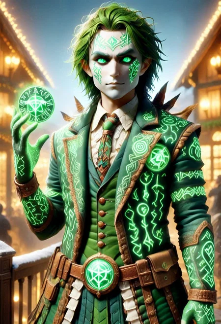 (PEJoker, high quality, HD, full body, dramatic lighting, cinematic composition, detailed, glowing rune costume, dark green glowing runes, intense eyes, concept art, trending on ArtStation, CHRC4ND7, (dark, evening, (vignette)))