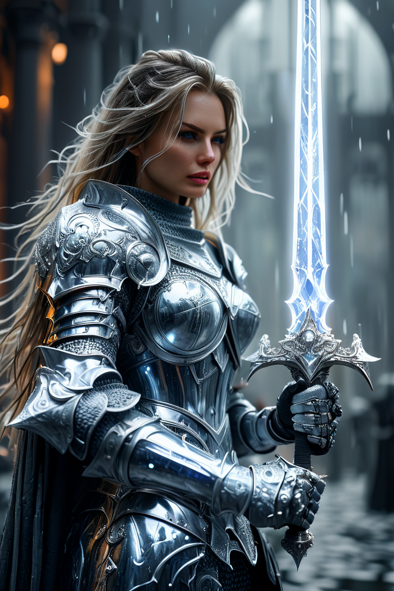 Cinematic shot of a beautiful female knight wearing GlassRay armor, holding GlassRay sword by the handle, sword pointing down, throneroom in background, raining reflective light, HKStyle, HD, masterpiece, best quality, hyper detailed, ultra detailed, super realistic