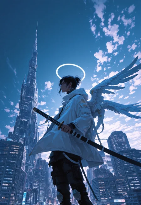 wings, halo, sky, weapon, sheath, sword, angel, 1boy, cloud, city, holding, male focus, building, sheathed, holding weapon, angel wings, black hair, outdoors, solo, jacket, holding sword, hood, katana, dark skin, feathered wings, cityscape, cloudy sky, skyscraper, scabbard, detailed lighting, kodachrome, masterpiece, best quality, (ultra detailed), high quality, very aesthetic, 8k, newest, aetrnm2