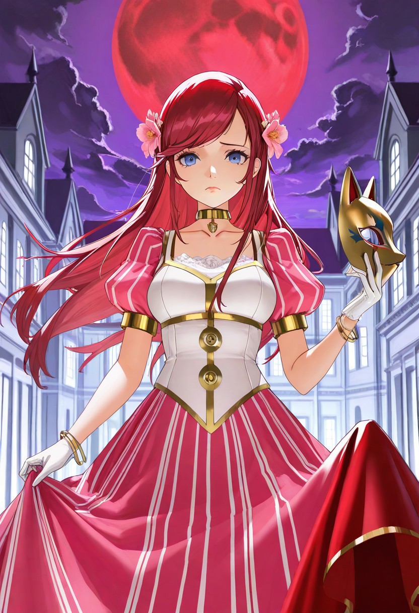 masterpiece, best quality, very aesthetic, absurdres, 
1girl, solo, cowboy_shot, 
persona lady, 
blue eyes, pinkish red hair, long hair, swept bangs, parted bangs, sidelocks, lips, medium breasts, collarbone, 
hair flower, pink flower, pendant collar, white bodice, long dress, pink dress, vertical-striped dress, gold trim, puffy short sleeves, white gloves, bangle, red overskirt, 
holding mask, unworn mask, carnival mask, 
looking at viewer, closed mouth, walking, skirt hold, frown, sad, 
outdoors, night, full moon, red moon, cloudy sky, night sky, purple sky, mansion, wind, 
az-ys-il