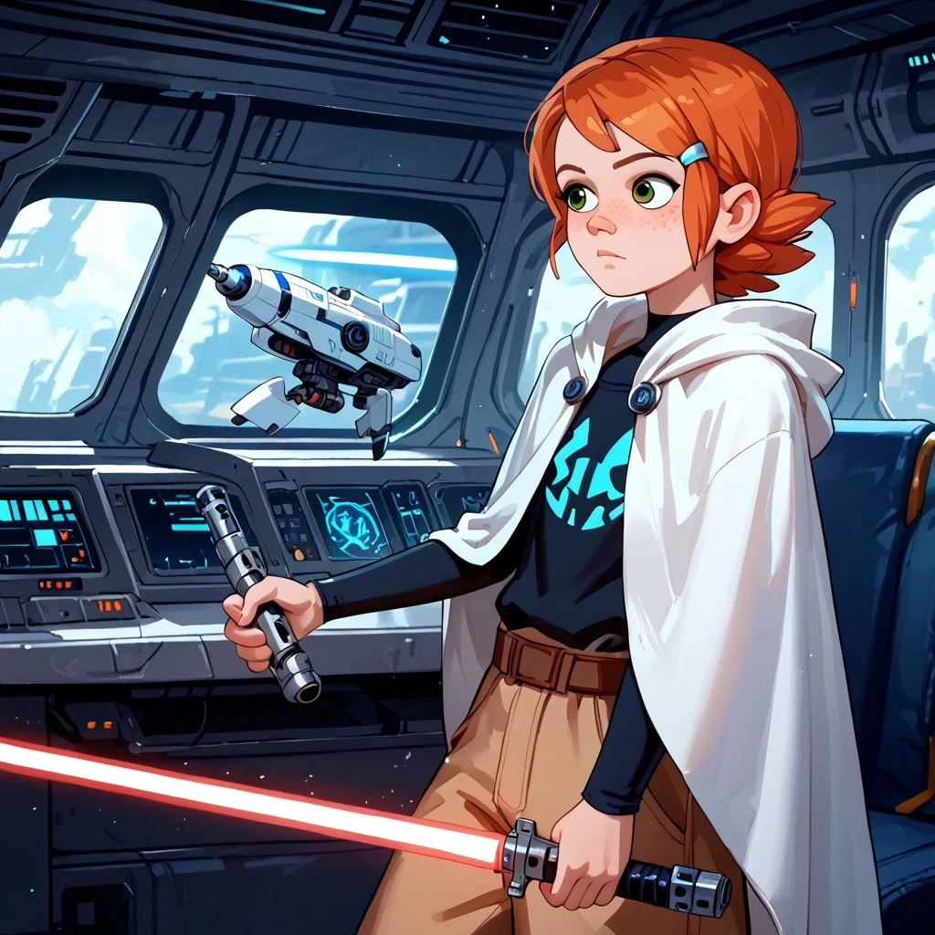 (score_9, score_8_up, score_7_up, score_6_up), re_gwen, orange hair, fair skin, freckles, Jedi tunic, baggy pants, holding, lightsaber, laser sword, green eyes, white cloak, star Wars, science fiction, starcraft, spacecraft interior
