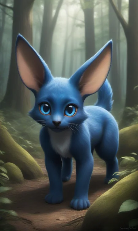 Sombryx_Evertale, there is a digital drawing of a blue animal with golden eyes with ((big ears)), all fours, nature, forest,