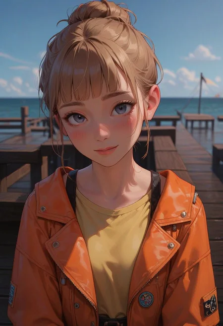 score_9, score_8_up, score_7_up, score_6_up, 
1girl, 25 years old, perfect face, cute, petite, close view, 
light brown hair, blunt bangs, hair bun,  
grey eyes, 
orange jacket, yellow shirt, 
pier,
blush, shy smile, portrait, face focus, depth of field, looking at viewer,