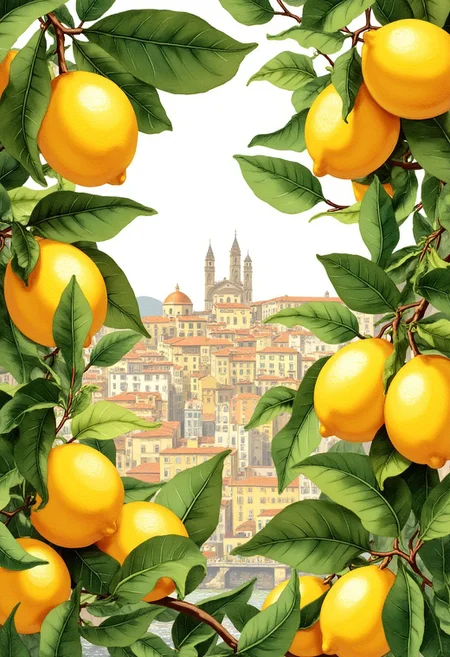 A beautiful image of lemons. The lemons are surrounded by lush green leaves and small branches, and the design is rich in detail, with naturalistic colors and soft, painterly textures. The lemons are bright with hints of natural shading, and the leaves should be a deep, vibrant color. The overall composition should evoke a fresh, botanical feel, with lemons interspersed among the leaves and there is an italian town in the background