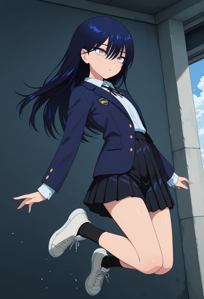 1girl, masterpiece, best quality, amazing quality, dynamic angle, jumping, ,nyaan,slender,long hair, hair between eyes, bangs, blunt bangs, deep blue hair,multicolored eyes,dark blue jacket,black ribbon,pleated skirt,school uniform, black socks,white shoes,