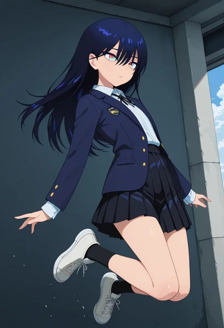 1girl, masterpiece, best quality, amazing quality, dynamic angle, jumping, ,nyaan,slender,long hair, hair between eyes, bangs, blunt bangs, deep blue hair,multicolored eyes,dark blue jacket,black ribbon,pleated skirt,school uniform, black socks,white shoes,