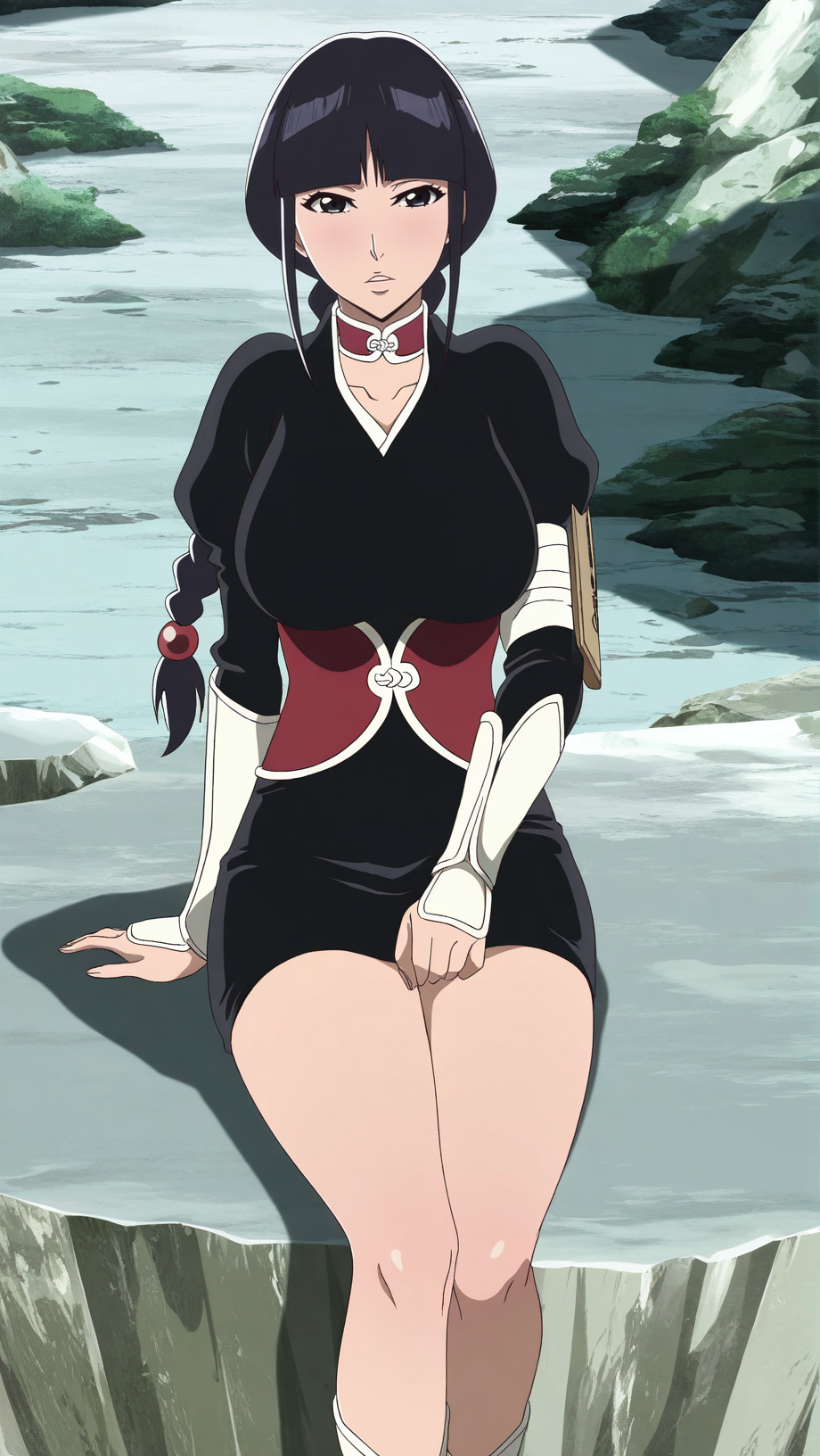 source_anime, masterpiece, best quality, amazing quality, anime screencap, high quality, 8k, absurdres, official style, 1girl, looking at viewer, sitting on ledge, legs together, thick thighs, from slightly above, from front, upper body, <lora:Nemu_Kurotsuchi_iL:1>, n3mu kur0t5uch1, black eyes, black hair, long hair, single braid, bangs, blunt bangs, soul reaper outfit, breasts, large breasts, japanese clothes, long sleeves, kote, puffy sleeves, dress, choker, corset, red corset,