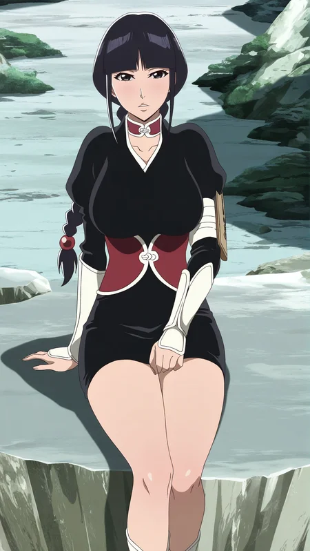 source_anime, masterpiece, best quality, amazing quality, anime screencap, high quality, 8k, absurdres, official style, 1girl, looking at viewer, sitting on ledge, legs together, thick thighs, from slightly above, from front, upper body, <lora:Nemu_Kurotsuchi_iL:1>, n3mu kur0t5uch1, black eyes, black hair, long hair, single braid, bangs, blunt bangs, soul reaper outfit, breasts, large breasts, japanese clothes, long sleeves, kote, puffy sleeves, dress, choker, corset, red corset,