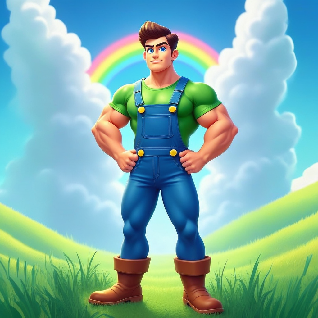 trbbubby, bubbyhero, tbrbubbyhero, "Digital illustration of a young muscular man standing confidently with his hands on his hips, wearing a tight green t-shirt, blue overalls with yellow buttons, and brown boots. His broad chest, powerful arms, and strong legs are prominent. He has dark brown hair styled neatly, piercing blue eyes, a strong jawline, and a big chin. His overalls fit snugly, emphasizing his build. He has a playful but determined expression, looking directly at the viewer. The background features a lush green meadow with a rainbow stretching across a bright blue sky with fluffy clouds. The sunlight casts soft highlights on his defined muscles, and a light breeze ruffles the grass. His stance is wide and stable, exuding confidence and strength. His boots are solid and well-worn, planted firmly on the ground. The scene is colorful and vibrant, enhancing his heroic and energetic appearance. The camera angle is straight-on, capturing his imposing presence in full detail."