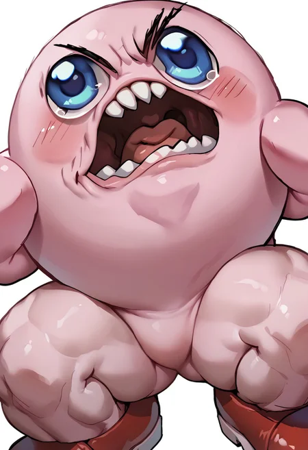 score_9, score_8_up, score_7_up BREAK LongKirby, dark blue eyes, pink body, blush, red shoes, smiling at viewer, rage, open_mouth, shouting,