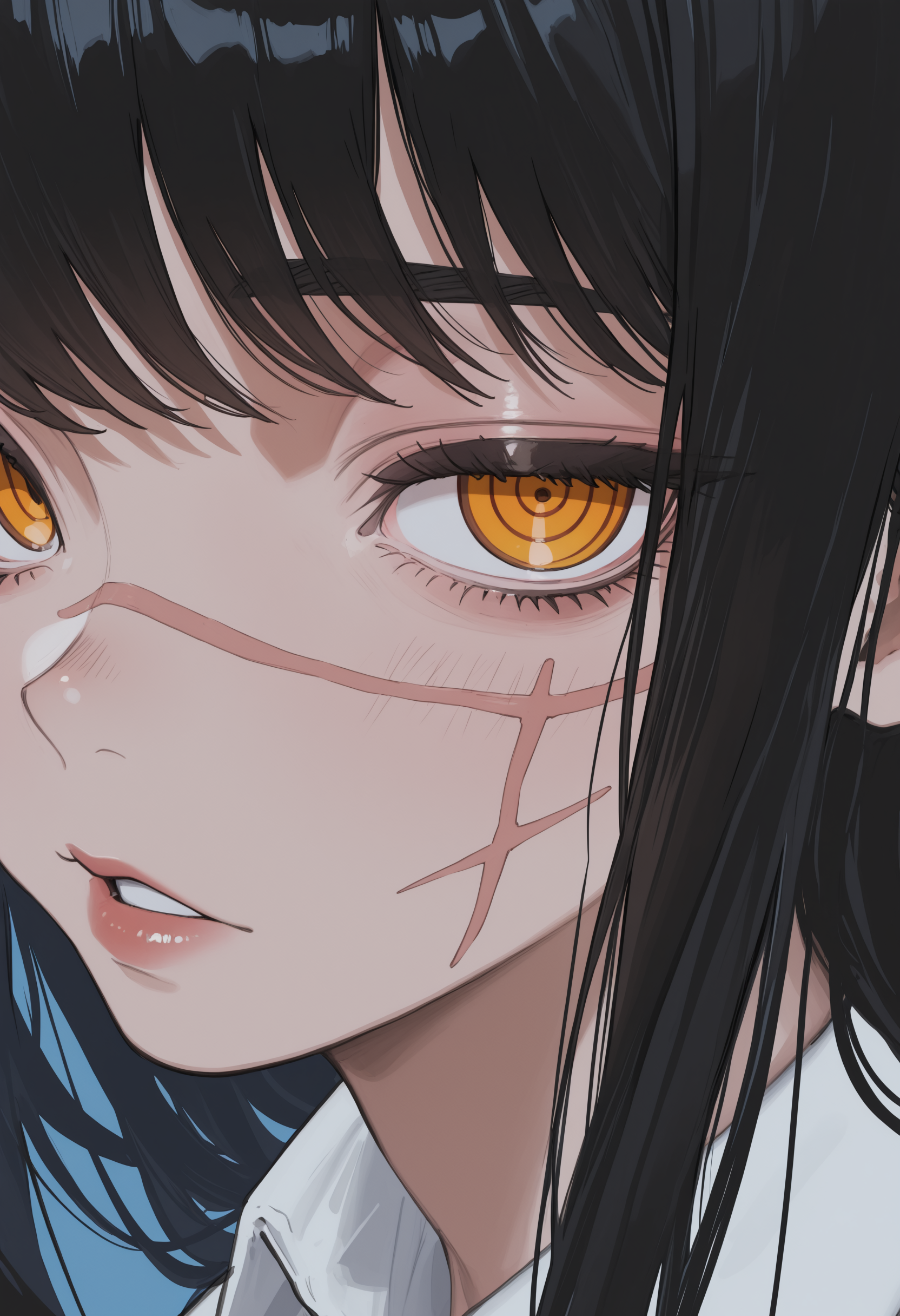 masterpiece, best quality, newest, absurdres, highres, very awa, anime screencap, limited palette, no lineart, sketch, blue background, simple background, yoru \(chainsaw man\), ringed eyes, 1girl, black hair, scar on face, solo, looking at viewer, yellow eyes, scar, scar on cheek, cross scar, parted lips, close-up, long hair, eye focus, scar on nose,  sideways