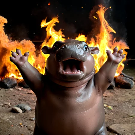 (((beautiful, high quality))), score_9, score_8_up, score_7_up, BREAK
moo deng, (feral:1.1), (hippo:1.1), open mouth, cute, (hippo paws:1.2), (arms up:1.2), (outstretched arms:1.2), (upper Body:1.1), burning, fire,
realistic, photo, raw, in focus, <lora:Moo_DengXLP:0.7> <lora:ElmoRiseMeme_pdxl_Incrs_v1:1>