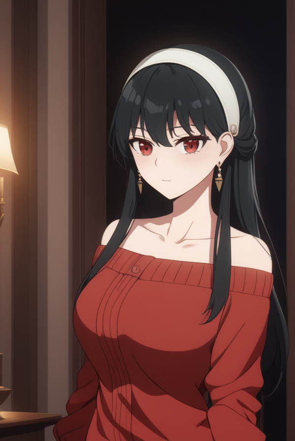 masterpiece, best quality, highres, 4k, 8k, intricate detail, cinematic lighting, amazing quality, amazing shading, soft lighting, Detailed Illustration, anime style,
yorbriar, <lora:yor-briar-s1s2-sdxl-lora-nochekaiser:0.75>,
yor briar, black hair, red eyes, earrings, white hairband, hairband, long hair, sidelocks,
bare shoulders, collarbone, dress, long sleeves, off shoulder, off-shoulder dress, off-shoulder sweater, pantyhose, red sweater, sweater, sweater dress, thighs,
indoors,
looking at viewer, full body, dynamic pose,