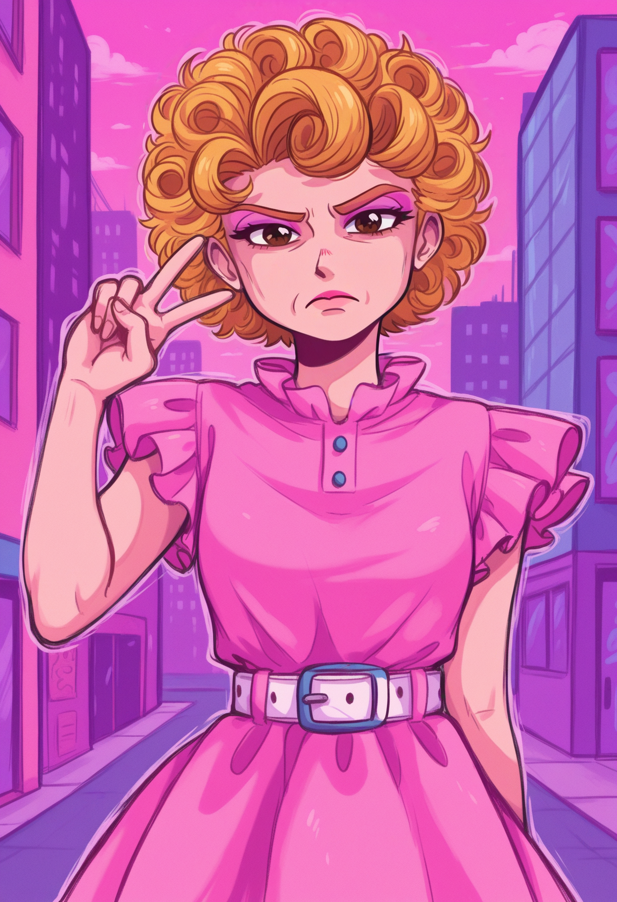 masterpiece, best quality, 1girl, solo, <lora:NSPamStardew:1> NSPamStardew, brown eyes, curly hair, short hair, blonde hair, lipstick, pink eyeshadow, pink dress, white belt, casual, short sleeves, frilled dress, frills, frilled sleeves, v sign, v, frown, angry, pastel colors, pink theme, 80's theme, city pop, colorful, thick outline, vector graphics, abstract background, city, outdoors