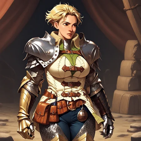 masterpiece, best quality, anime, cowboy shot, 1girl, solo, oliviamhw, blonde hair, short hair, big breasts, tunic, pants, chainmail, shoulder armor, gauntlets, leg armor, belt, pouch