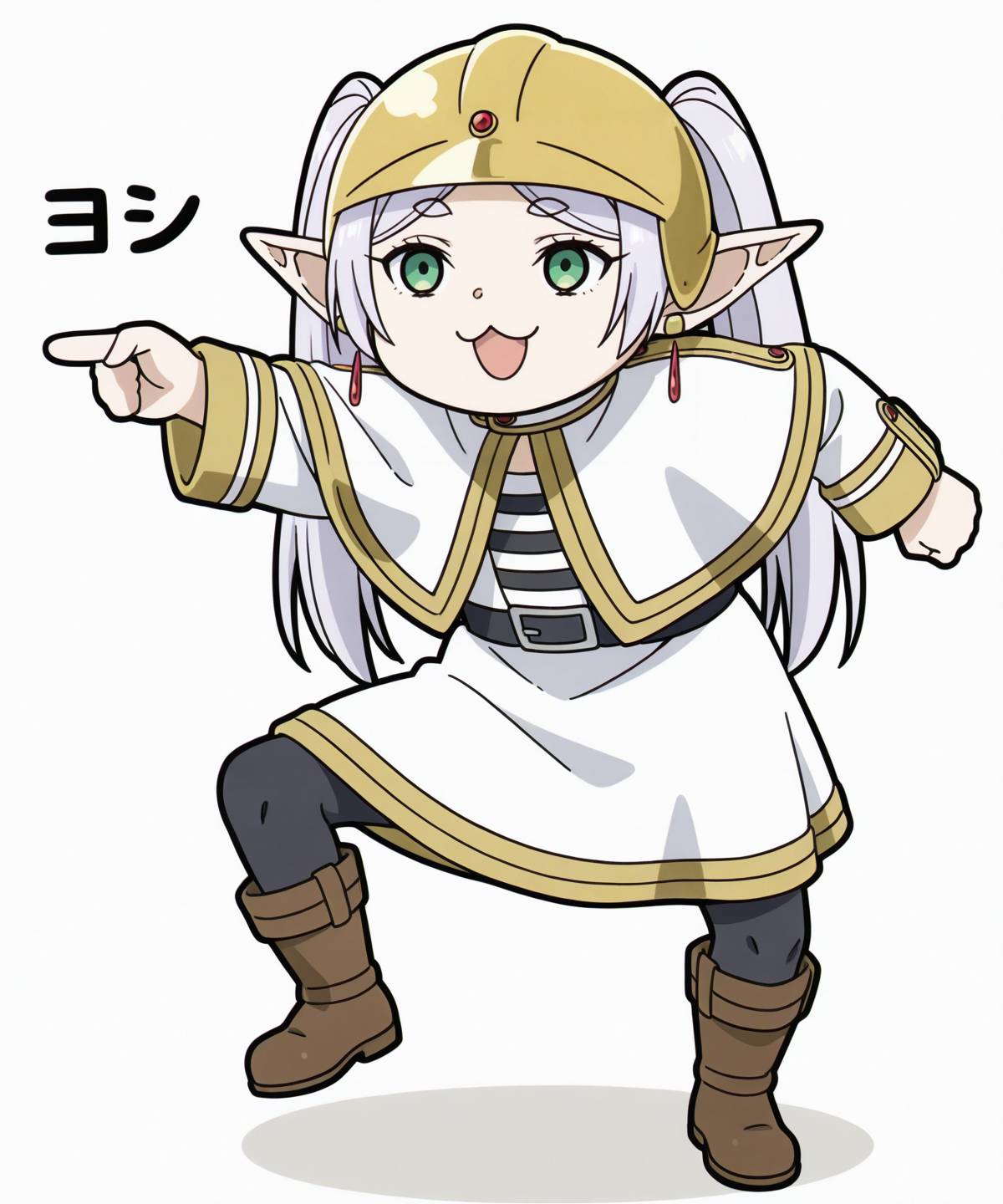 masterpiece,best quality,absurdres,highres,very aesthetic,high quality,detailed,insanely detailed,beautiful,perfect lighting,very awa,
1girl,solo,
<lora:genba_neko_like_IL_v1:1>,genba_neko,chibi,pointing,standing on one leg,:3,open mouth,meme,parody,
<lora:Frieren_Frieren_Beyond_Journeys_End_-_Illustrious_r1:0.4>,Elf,pointy ears,gray hair,long hair,parted bangs,twintails,green eyes,earrings,Frieren standard robe outfit,striped shirt,white capelet,robe,long sleeves,white dress,belt,black pantyhose,boots,brown footwear,yellow helmet,
simple background,white background,full body,