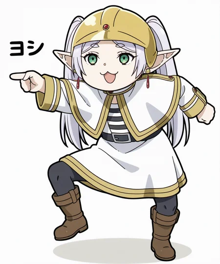 masterpiece,best quality,absurdres,highres,very aesthetic,high quality,detailed,insanely detailed,beautiful,perfect lighting,very awa,
1girl,solo,
<lora:genba_neko_like_IL_v1:1>,genba_neko,chibi,pointing,standing on one leg,:3,open mouth,meme,parody,
<lora:Frieren_Frieren_Beyond_Journeys_End_-_Illustrious_r1:0.4>,Elf,pointy ears,gray hair,long hair,parted bangs,twintails,green eyes,earrings,Frieren standard robe outfit,striped shirt,white capelet,robe,long sleeves,white dress,belt,black pantyhose,boots,brown footwear,yellow helmet,
simple background,white background,full body,