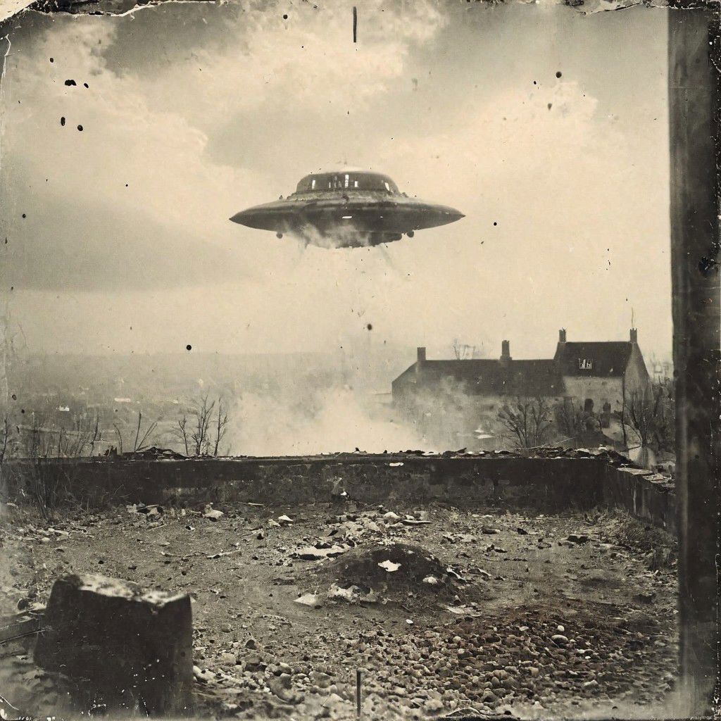 B&W 35mm vintage photo of a UFO in a WW2 picture, destroyed city backdrop