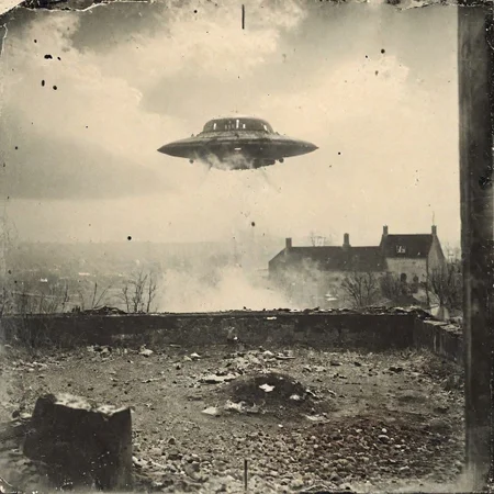 B&W 35mm vintage photo of a UFO in a WW2 picture, destroyed city backdrop