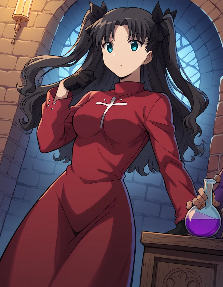 score_9, score_8_up, score_7_up, source_anime, <lora:carnivalphantasm-rin-tohsaka-ova-ponyxl-lora-nochekaiser:1>, rin tohsaka, aqua eyes, black hair, hair ribbon, long hair, ribbon, sidelocks, two side up, parted bangs, medium breasts,, <lora:wizard-ponyxl-lora-nochekaiser:1>, wizard, wizard hat, robe, dress, long sleeves, gloves,, indoors, bricks, potion, flask, vial,, cowboy shot,, , dutch angle, cowboy shot